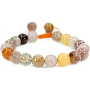 Angelstones Handmade Gemstone 10mm Multicolor Rutilated Quartz Round Beads Adjustable Braided Macrame Tassels Chakra Reiki Bracelets 7-9 inch Unisex