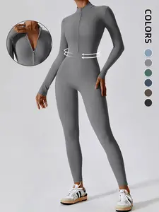 Women's Zipper Sports Jumpsuit, Elastic High-Waist Quick-Dry Bodysuit for Yoga Gym Fitness, Summer Fashion Casual Activewear, Workout Jumpsuit