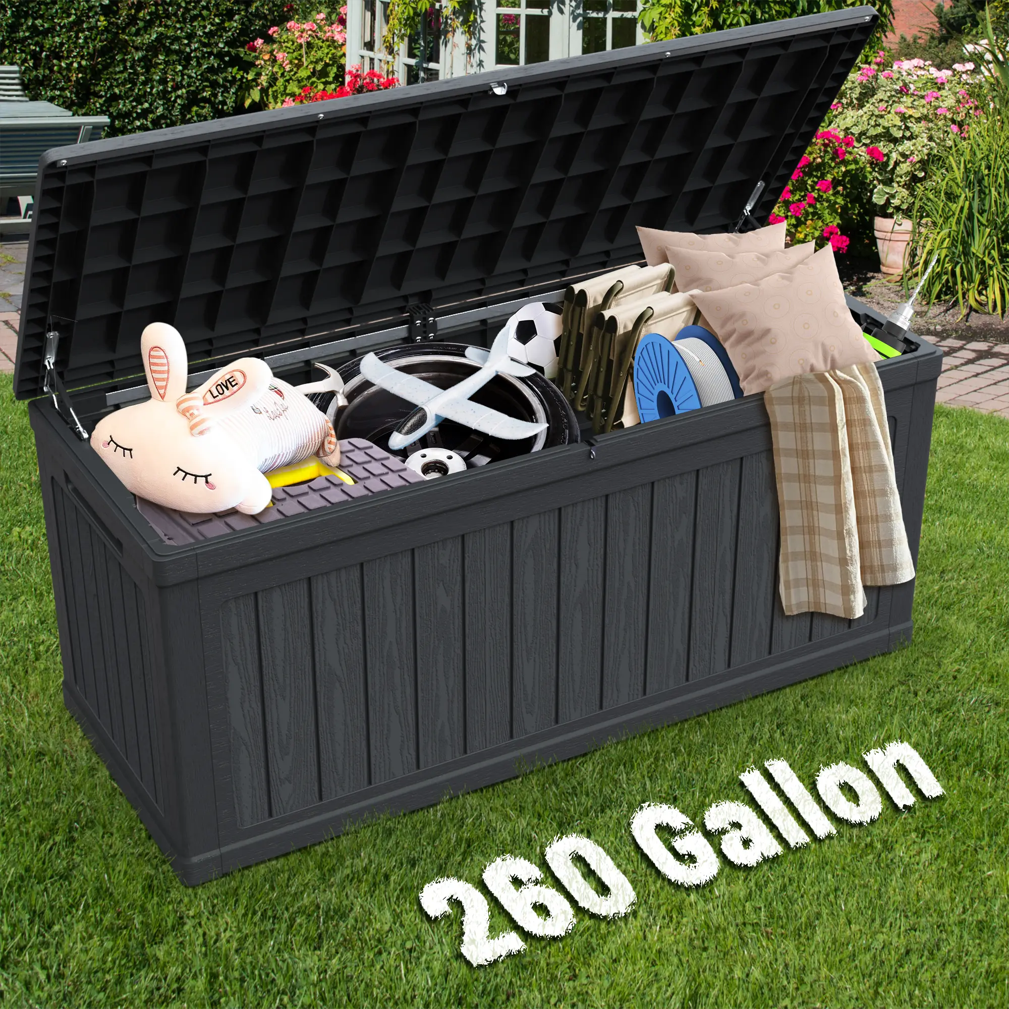 Mersco 260 Gal Adjustable Waterproof Resin Movable Outdoor Storage Container - Home Organizer with Smooth Steel Lockable Lid, 1000lbs Surface Loading, Easy Installation Black Modern Camping Furniture,summerwins,father'sdaygifts,campingessentials,campingge