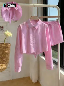 Women's Striped Two-Piece Set, Back Tie Long Sleeve Short Shirt & Drawstring Shorts, Casual Summer, 2 Piece Set