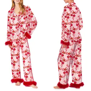 Women Feather Pajamas Silk Satin Lounge Sets Long Sleeve Button Down Shirts and Pants 2 Piece Pj Set