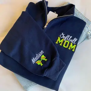 Custom Softball Mom Sweatshirt with Kid Name on sleeve, Personalized Softball Mama Shirt, Game Day Softball Season Zip Up, Baseball Mom Sweatshirt