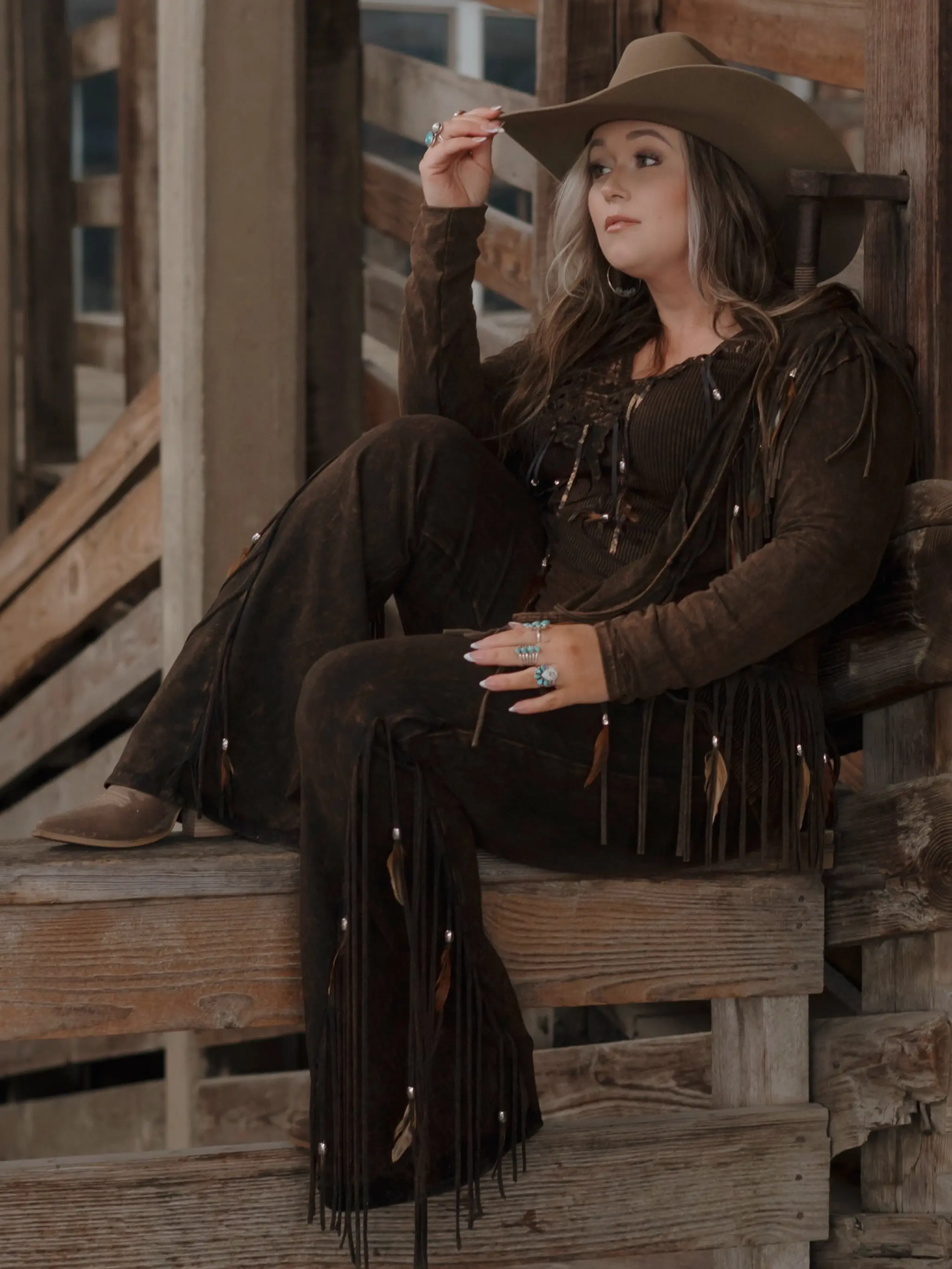 Brown Fringe & Feather Mineral Wash Western Leggings