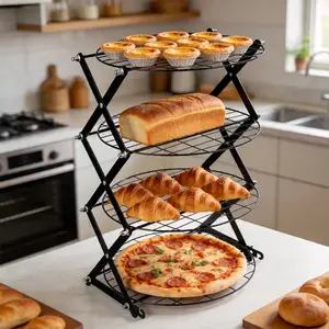 4-Tier Round Sturdy Bakeware Cooling Rack, Foldable Stackable Non-Stick Wire Metal Stand, High-Capacity Kitchen Oven Utensils for Bread, Cake