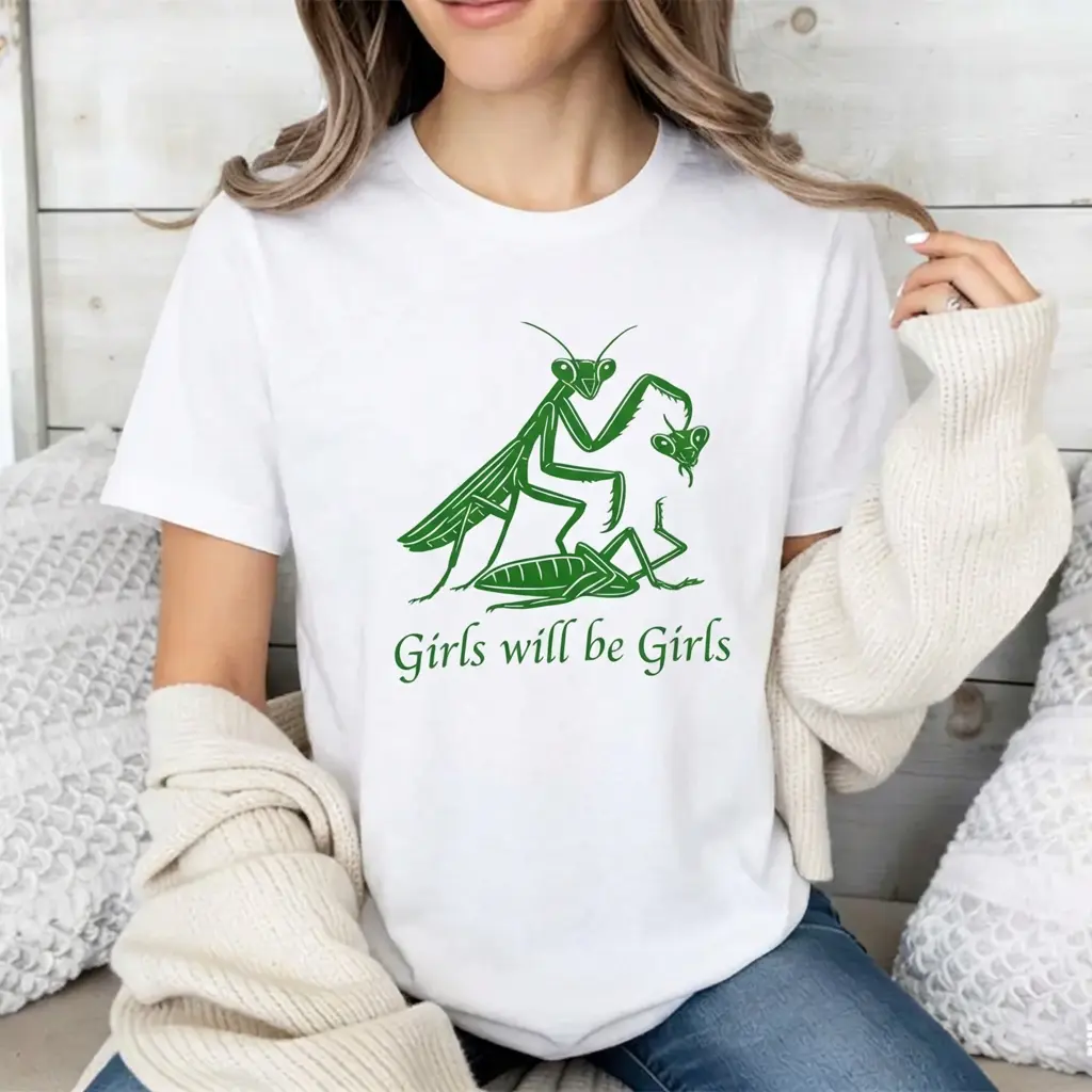 Women's Cotton Oversized Short-Sleeve T-Shirt - Girls Will Be Girls Praying Mantis Graphic, Sarcastic Dark Humor Meme, Weirdcore Unhinged Aesthetic, Funny Feminist Irony, Casual Fitted Womenswear Apparel