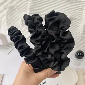French Satin Black Scrunchie Headband Luxury Hair Accessory Ruched Headband Face Washing High Crown Hair Clip