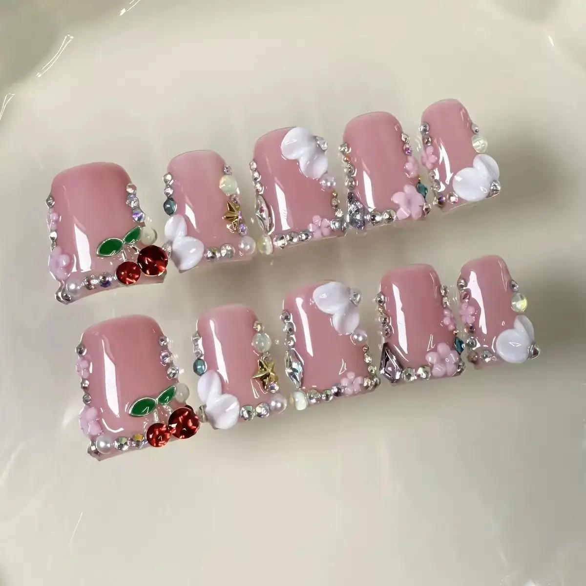 10pcs high-end Sweet princess style, hand-painted three-dimensional carvings, cherries, sparkling pile diamonds handmade nail art decorative nails fake Glittering Fake Nails