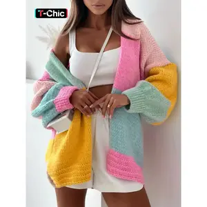 Women’s Fall/Winter Striped Color-Block Open-Front Knit Cardigan — Oversized, Soft, Comfortable, Versatile Sweater Knitwear