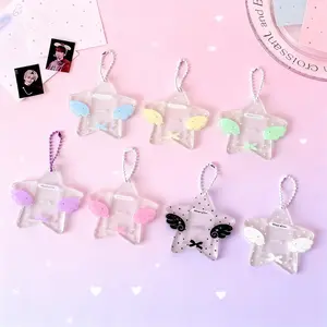 Transparent Glitter Star Keychain, Cartoon Angel Wings Charm, Photo Frame Pendant, Girl Accessory, Cute and Sparkly Design, Trendy Cute Keychain
