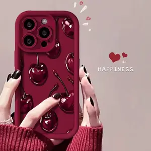 Sexy Wine Cherry Pattern Phone Case , Soft Silicone Tpu Protection and Shockproof For iPhone 17 16 15 Pro Max 14 16Pro 13 12 11 X Plus Air Mini 17E Girl
