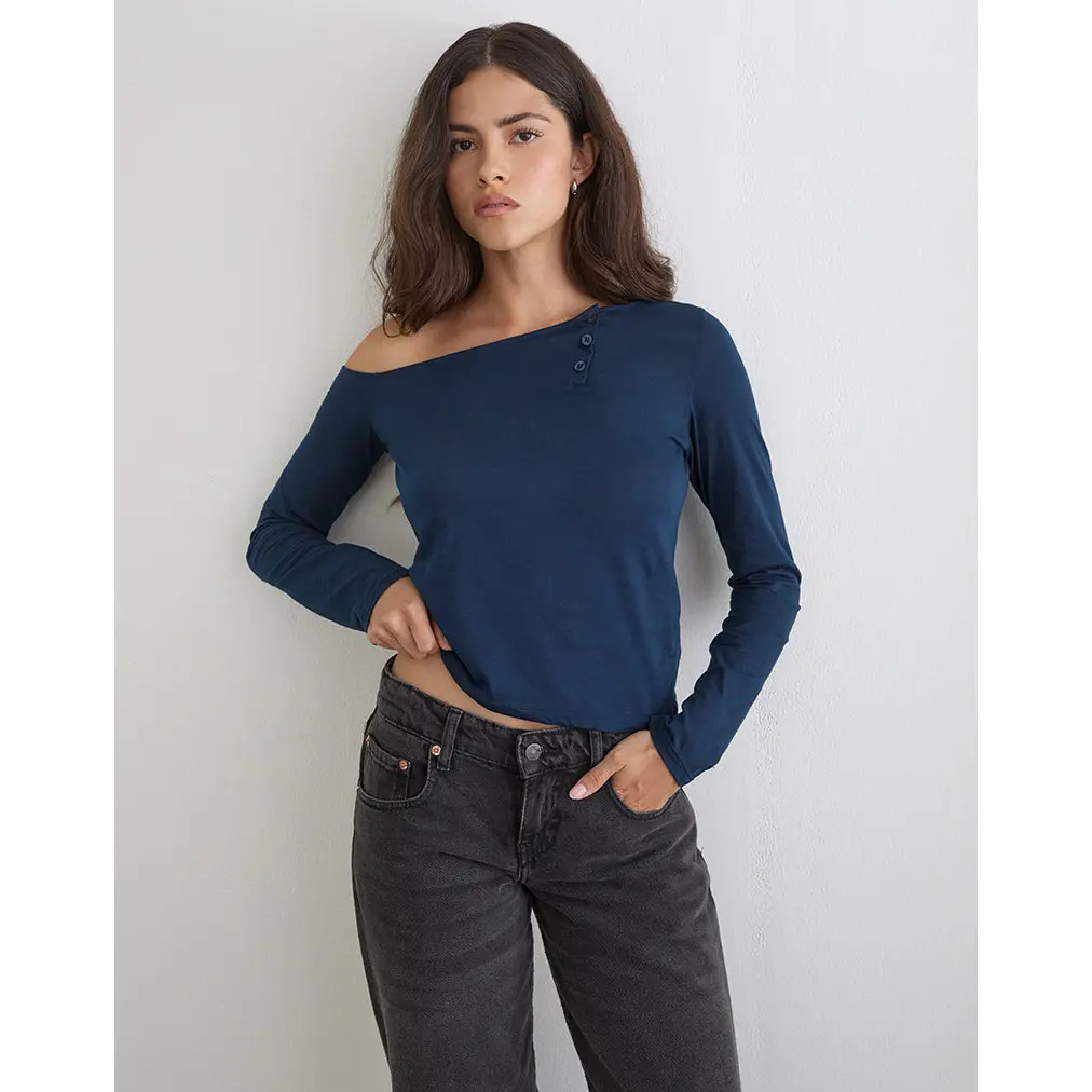 Tole Asymmetric Button Up Top in Tissue Jersey Dark Navy