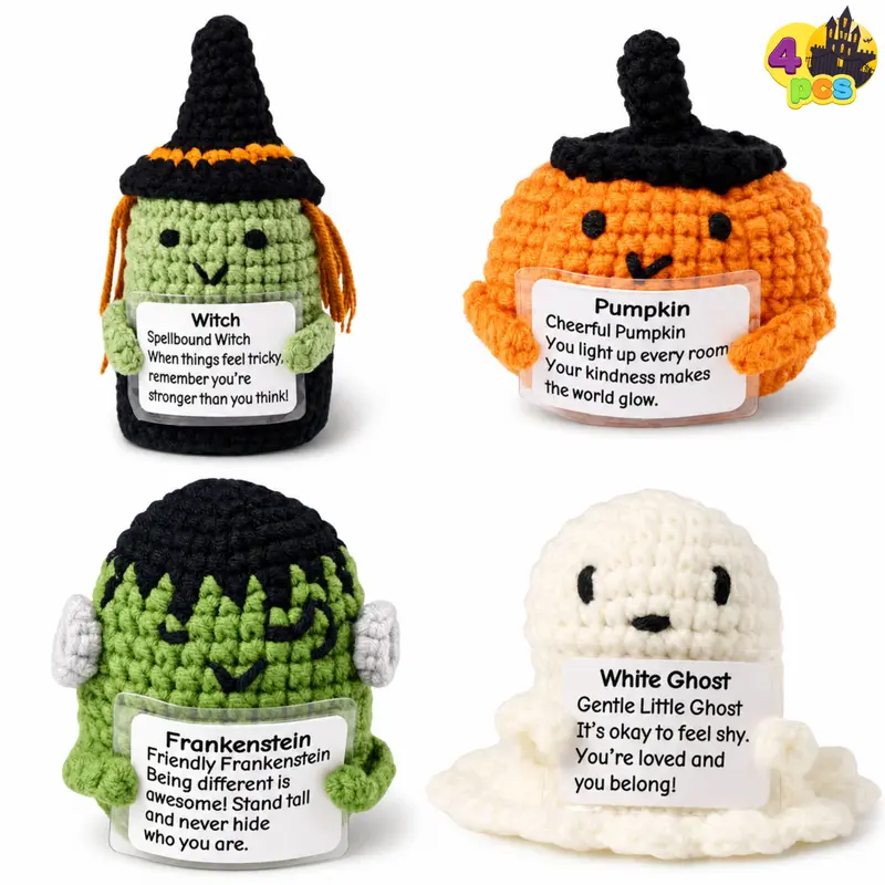 JOYIN 4 PC Halloween Crochet Pals with Card, Positive Crochet Gifts for Kids Adult Holiday Birthday Party Favor, Home Decor, Stress Relief Toys, Classroom Prize, Trick or Treat Gift
