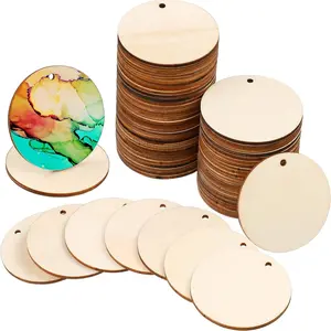 100 count Unfinished Round Wooden Circles with Holes Round  Discs for Crafts Blank   Circle Cutouts for DIY Crafts Party Birthday Christmas Decoration (2 Inch)