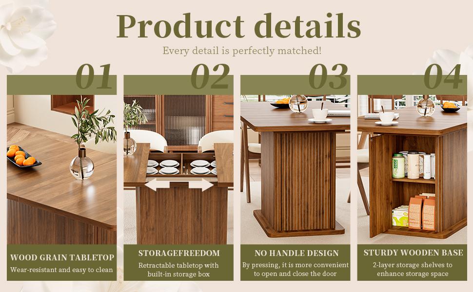 Mid Century Modern Extendable Rectangular Dining Table - Extensible Size, 4-6 Seats, 47-65in Space-Saving Kitchen Furniture, Fluted Design with 2 Storage Doors, Rectangular Statement Dining Room Furniture