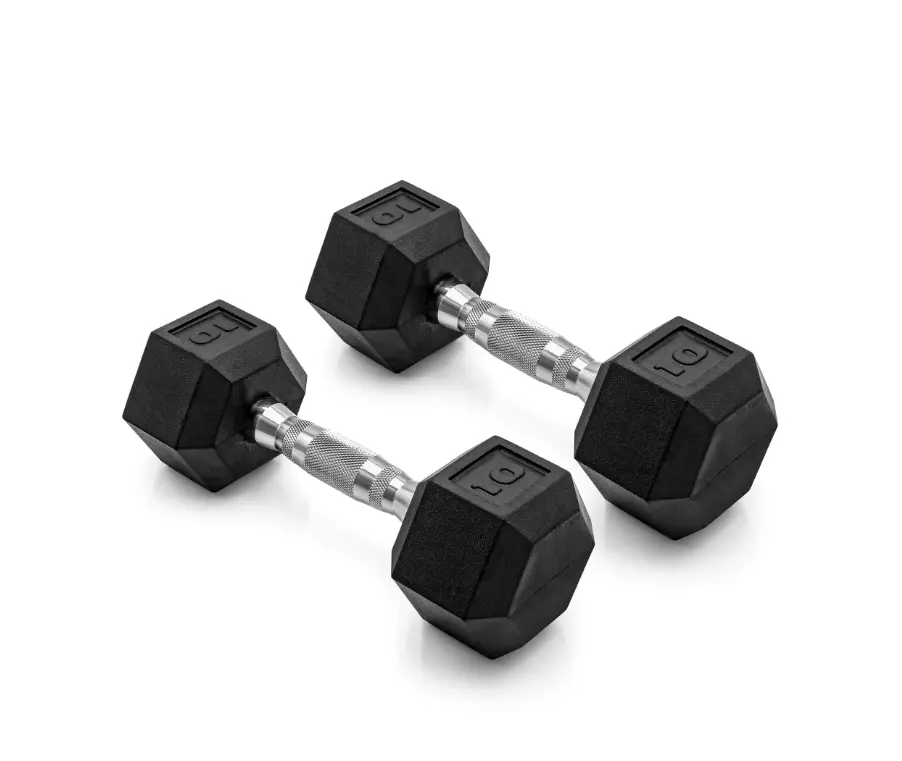 10lb Coated Rubber Hex Dumbbell, Pair (No-Roll Design, Ergonomic Steel Handle, Durable Coated Weight)