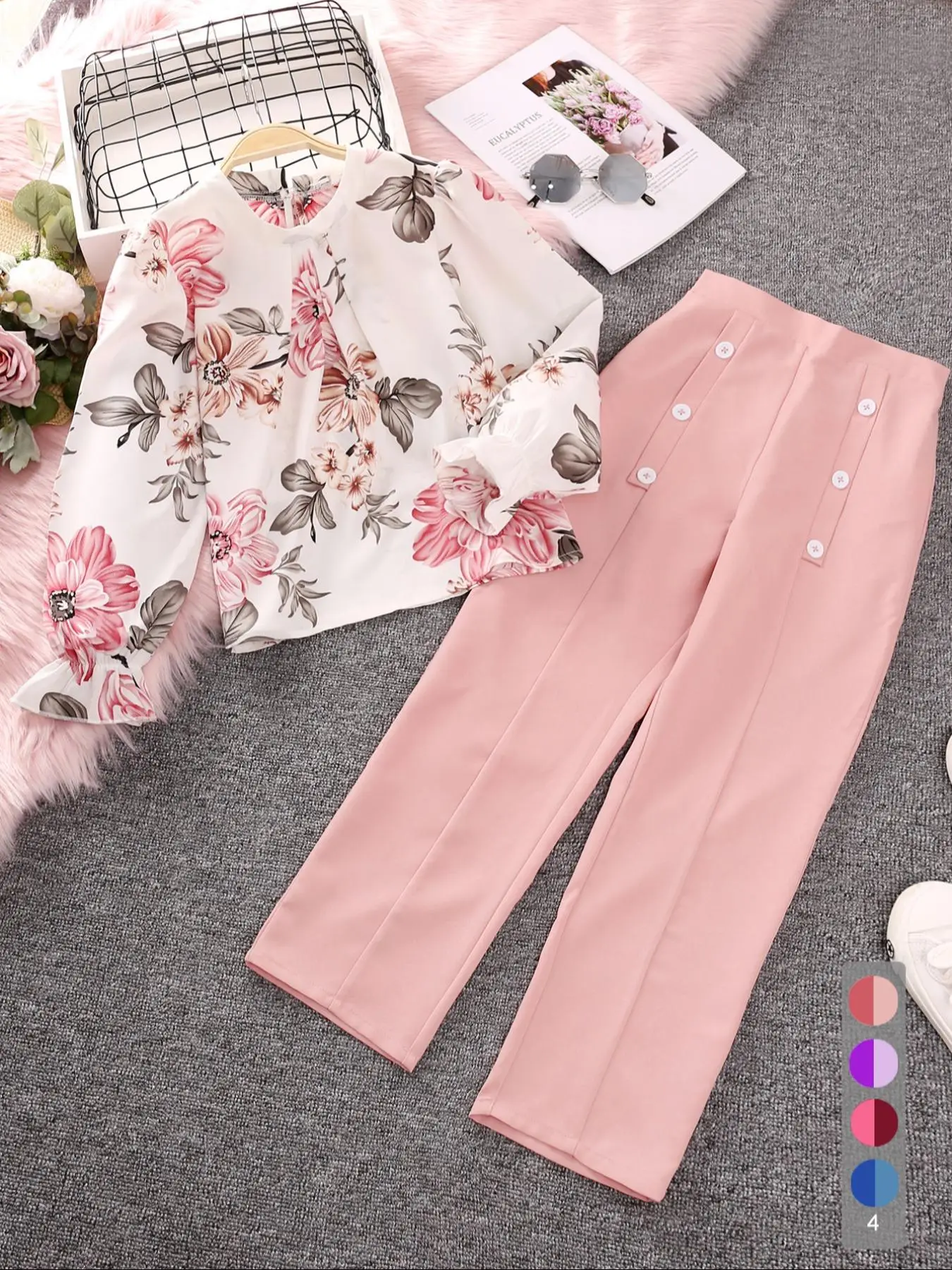 Two-Piece Set Girl's Floral Print Flounce Sleeve Blouse & Button Pants Set, Casual Long Sleeve Top & Trousers for Fall & Winter, Kids Clothes for Dail