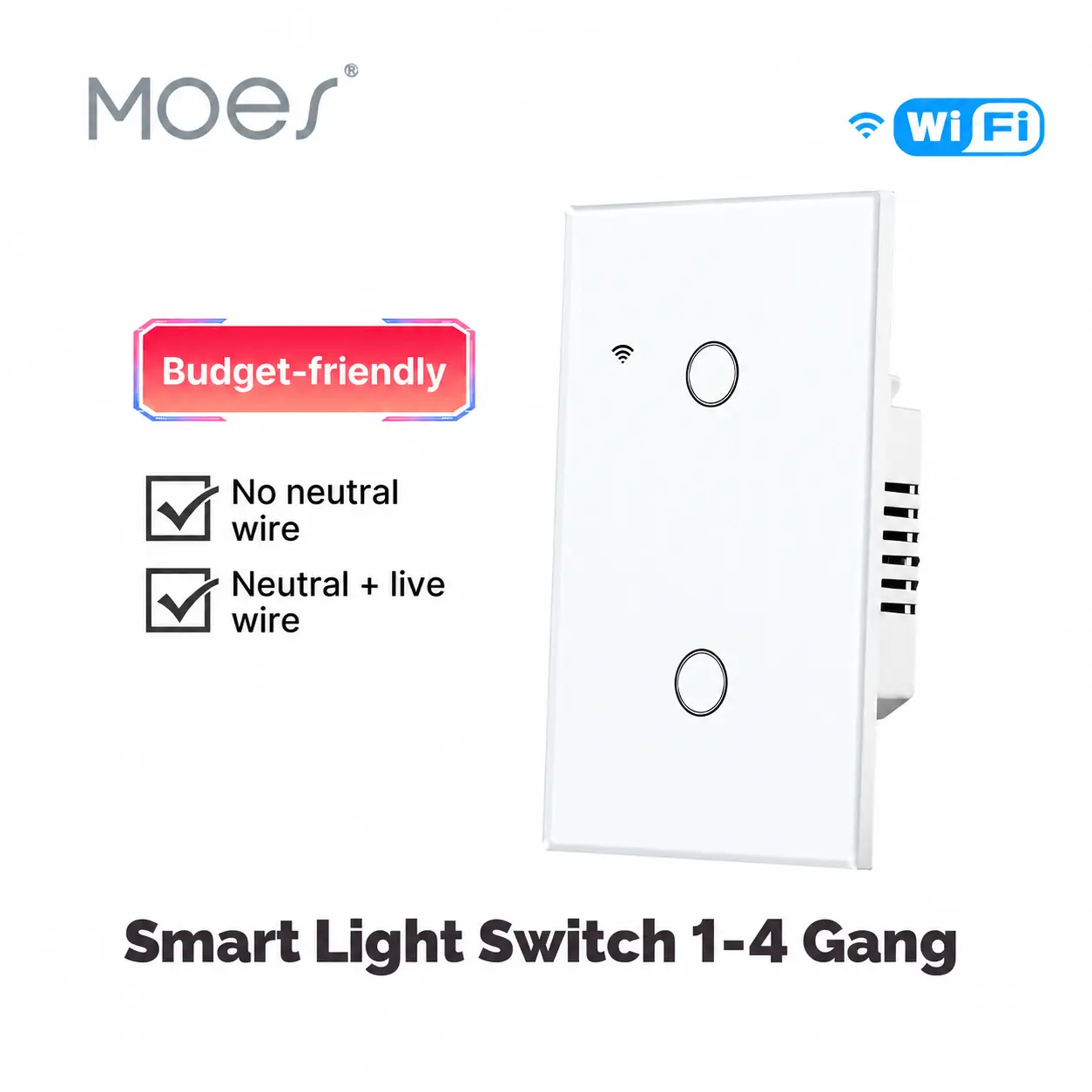 MOES Tuya Wi-Fi Smart Glass Panel Touch Switch, 2.4GHz , 5Watts, Single Fire Single Pole, No Neutral Wire Needed, Energy Efficient, App Control, Voice Control, Fire Retardant, Timer Auto-Off, Indoor Use, Works with Alexa and Google Home, Wifi Wal