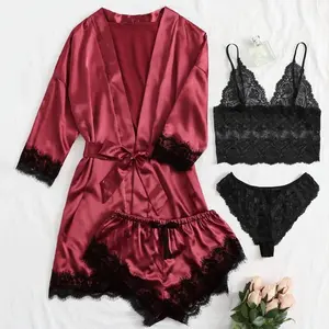 Women's Silk Satin Pajamas Set 4pcs Lingerie Floral Lace Sleepwear with Robe Nightgown Long Comfortable All Seasons Long - Loungewear