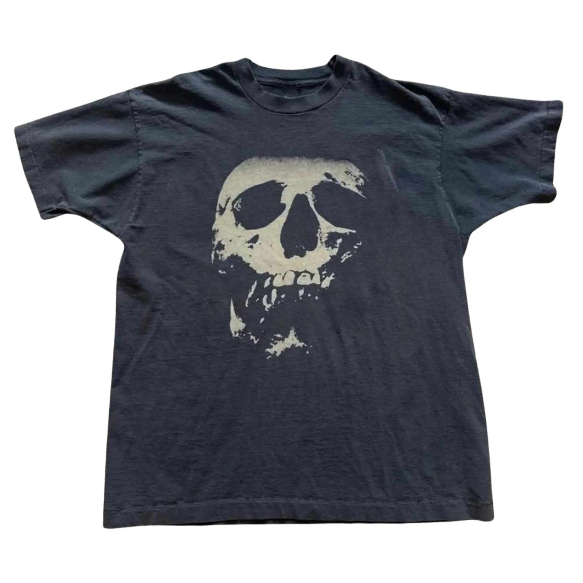 Gothic Distressed Skull Face Stencil Graphic T-Shirt, Dark Fantasy Human Anatomy Bone Shadow High Contrast Ink Print, Unisex Black Heavyweight Streetwear Tee, Alt Grunge Outfit Gift