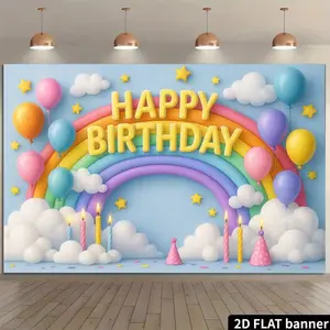 Outdoor Birthday Party Backdrop Banner, Rainbow Archway with Happy Birthday Sign, Macaron Balloons, Clouds, Stars, Candles, Hats