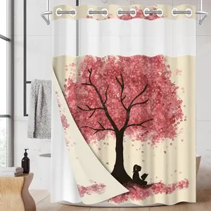 1pc 2D Flat Printing hookless shower curtain hanger liner Reading under the Cherry Blossom Tree Fabric waterproof lining shower curtain with transparent window, double-layer shower curtain, 71 x 74 inches, modern home curtain decoration