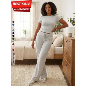 Women's Solid Short Sleeve Two-piece Set, Casual Round Neck Crop Tee & Drawstring High Waist Trousers for Daily Wear, Ladies Summer Clothes