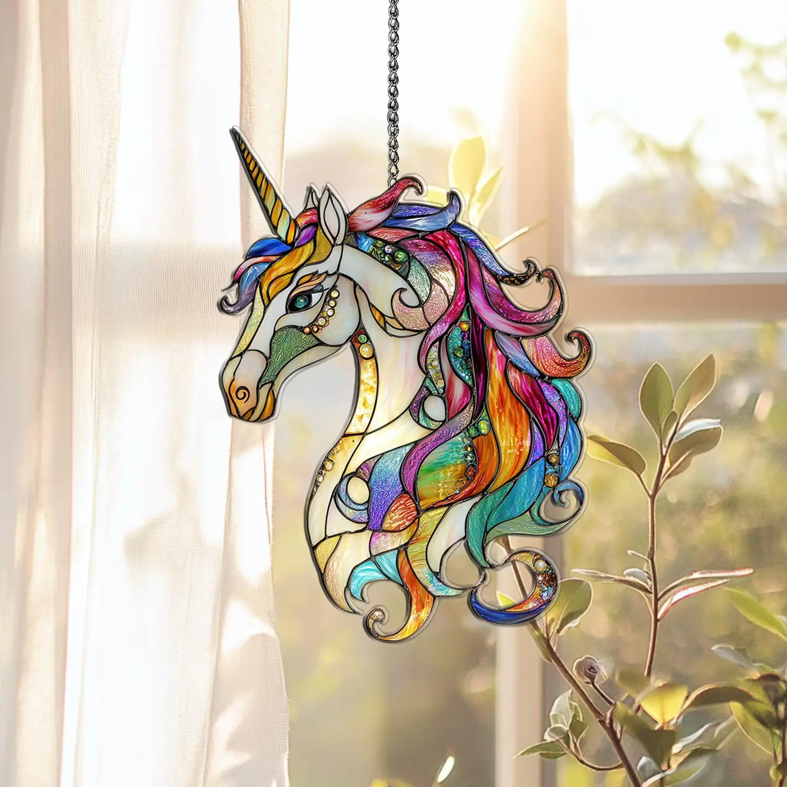 Rainbow Unicorn Stained Glass Suncatcher Window Hanging, Premium Acrylic Fantasy Decor, Colorful Sun Catcher Ornament, Magical Birthday Gift for Girls & Bedroom Window Decoration