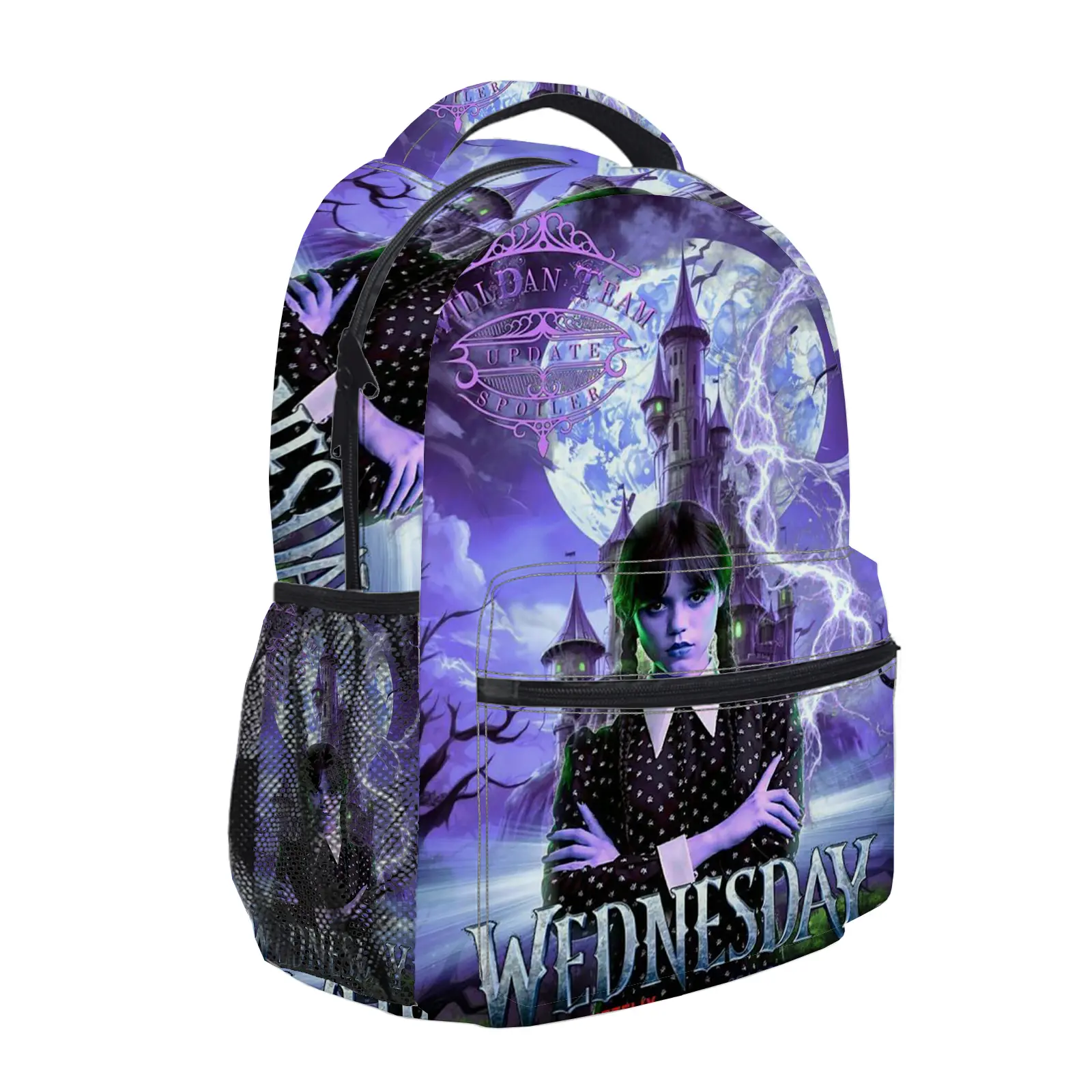 Wednesday Backpack for Girls, Y2K Fashion School Bag with Mesh Side Pockets, Aesthetic Cartoon Bookbag for Teens, Kids Lightweight Travel Daypack for Back to School b-250
