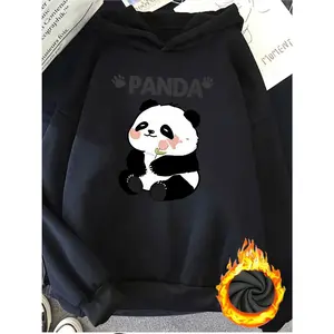 Women's cute panda with pink flower and PANDA text print Graphic Hoodie - Long Sleeve Pullover Regular Fit | Soft & Breathable Fabric, Durable Print, Everyday Comfort, Machine Washable, casual, cartoon, Y2K fashion flat lay product photography with