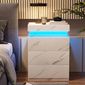 ADORNEVE Nightstand with Charging Station and LED Lights,Night Stand with Sliding Top for Bedroom,Bedside Table with Drawers,Modern End Side Table,White Marble