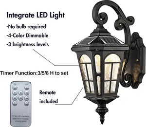 HOLKIRT Solar LED Wall Light Outdoor, Dimmable Waterproof LED Wall Sconce Wireless with Remote, Crystal-Flower Glass Shade Exterior Fixture Solar Powered for Porch Backyard Garage