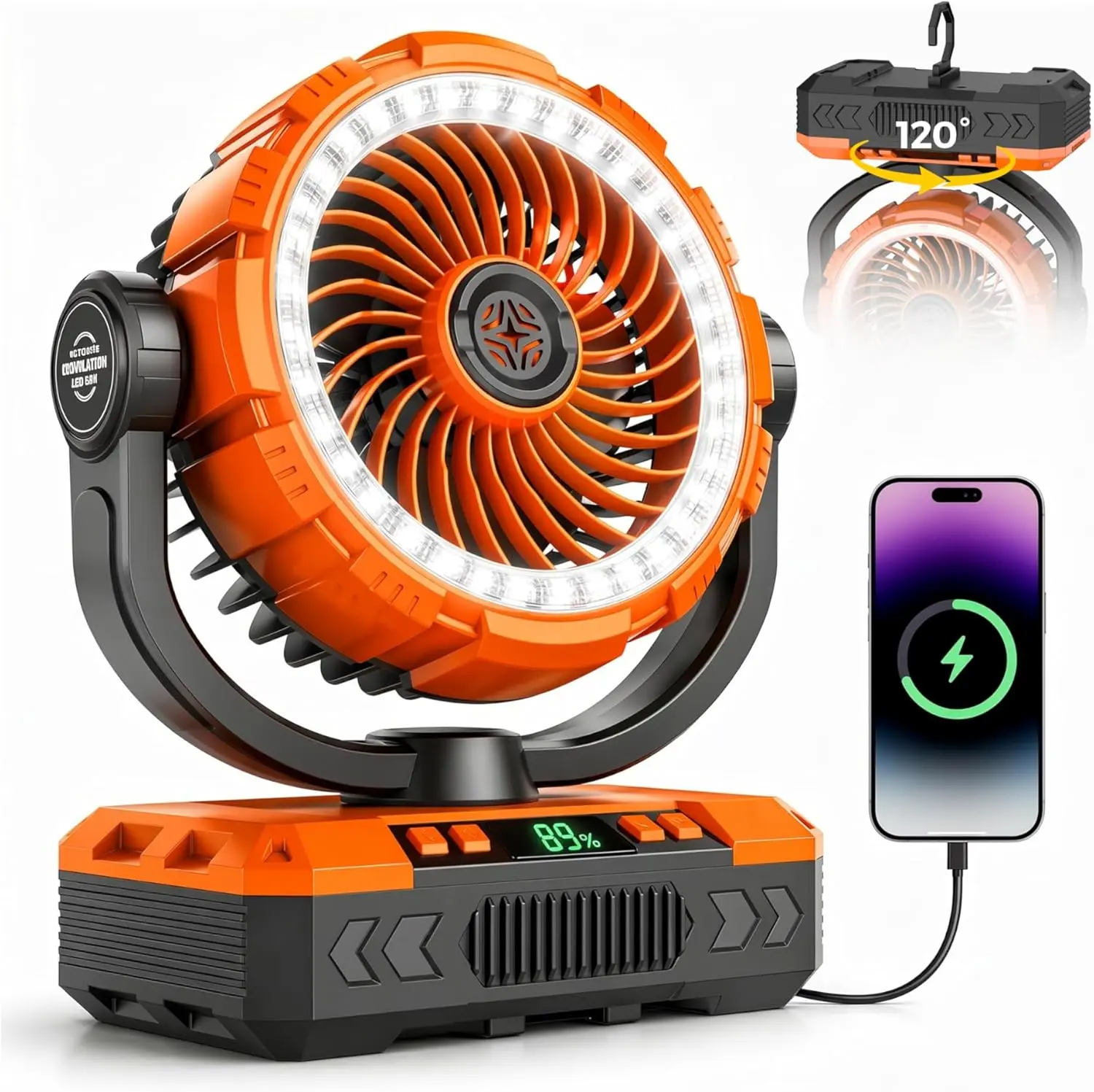 Cordless Rechargeable 4-in-1 Camping Fan - 20,000mAh Battery Powered, 120° Oscillation, LED Light, 12-Hour Timer, USB Port, Fast Charging, 5+ Stepless Control, for Beach, Bedroom Use