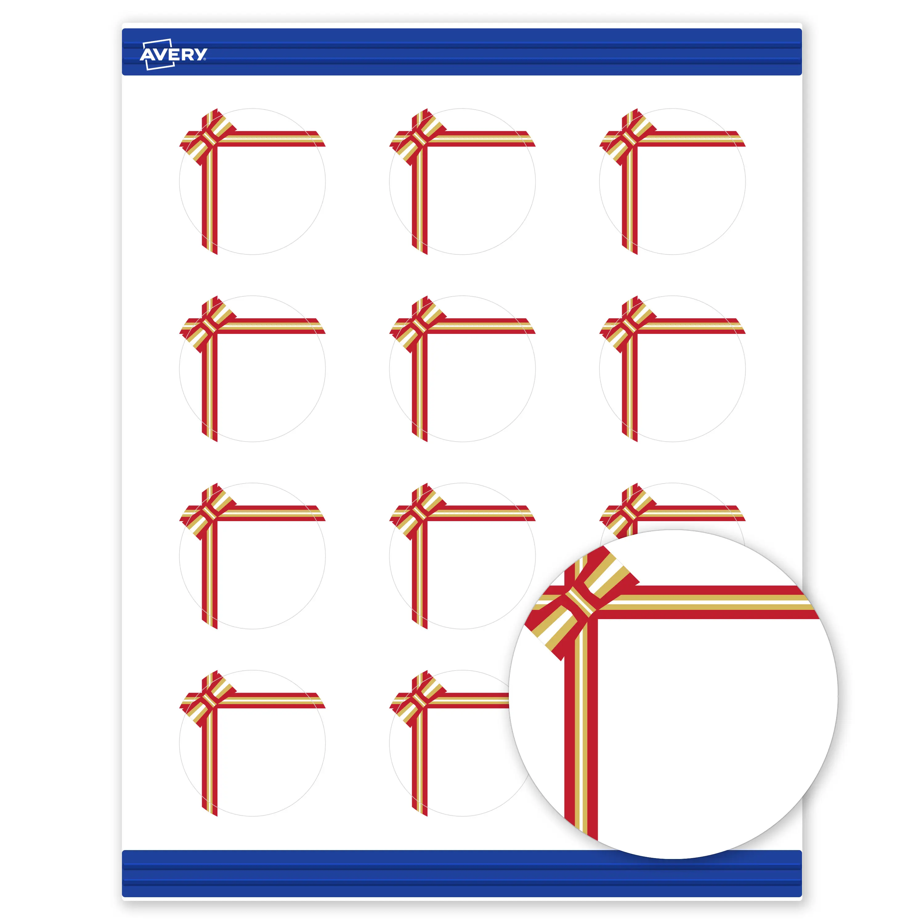 Avery® Printable Christmas Business Cards with Sure Feed® Technology, Round, 2" Diameter, Pre-Printed Red & Metallic Gold Gift Bow Design, Matte White, Laser & Inkjet Compatible, 120 Total