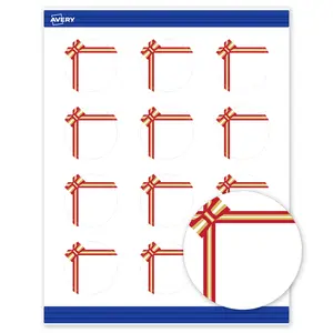 Avery® Printable Christmas Business Cards with Sure Feed® Technology, Round, 2" Diameter, Pre-Printed Red & Metallic Gold Gift Bow Design, Matte White, Laser & Inkjet Compatible, 120 Total
