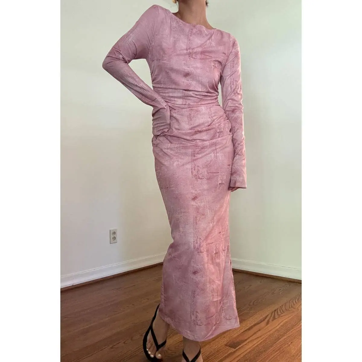 Newspaper Print Long Sleeve Maxi Dress