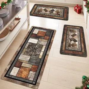 JIT 2/3 pieces kitchen flannel marble mosaic pattern decorative carpet, kitchen set, flannel bedside mat, non-slip washable soft carpet suitable for kitchen, laundry room, Washable Runner Rugs