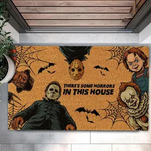 There's Some Horrors In This House Doormat, Funny Horror Movie Characters Door Mat, Halloween Welcome Mat, Spooky Season Halloween Decoration Door Mat