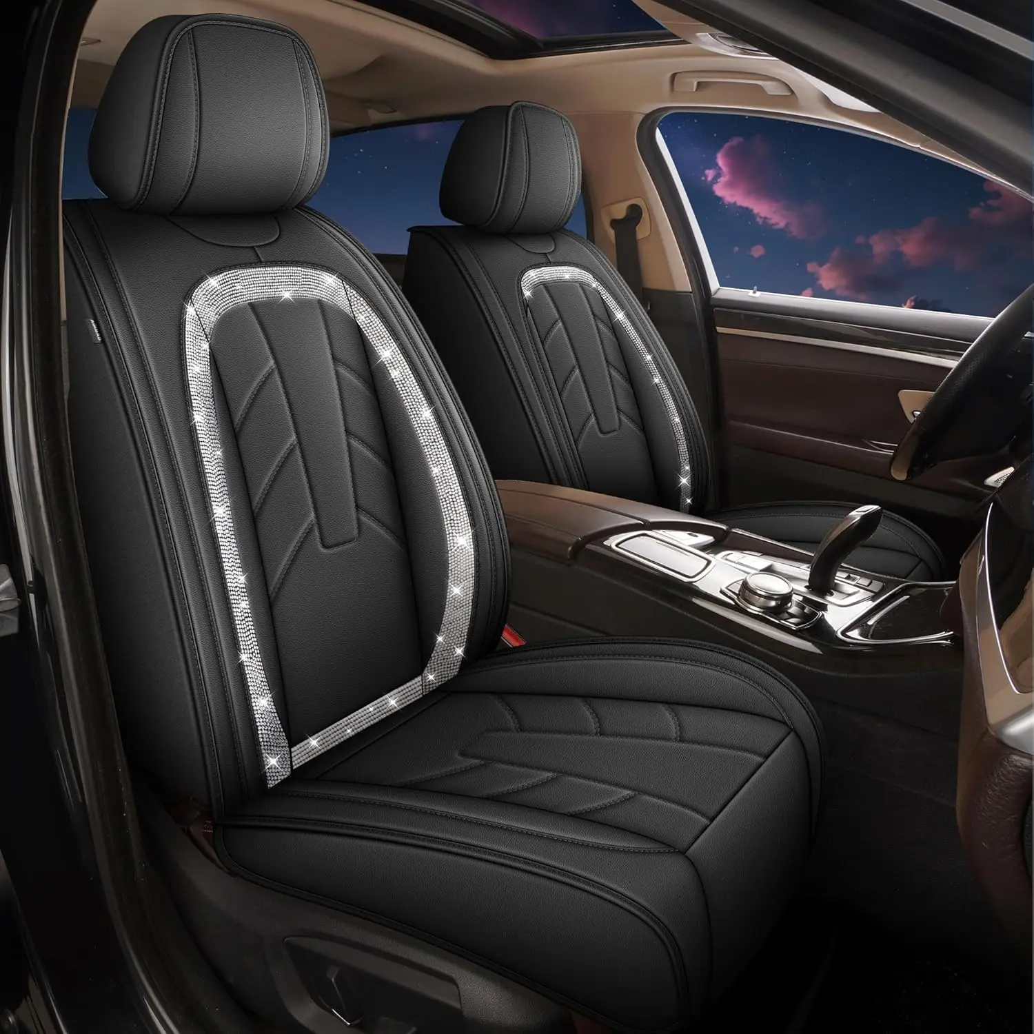 Car Seat Covers Fit for Mitsubishi Outlander 2007-2025 2026 Leather, Waterproof, Anti-Staining & Wear Resistant Auto Protector Full Set 2 Rows 5 Seats (Black with Diamond-Encrusted Design) Universal, Car Set Seat Cushions