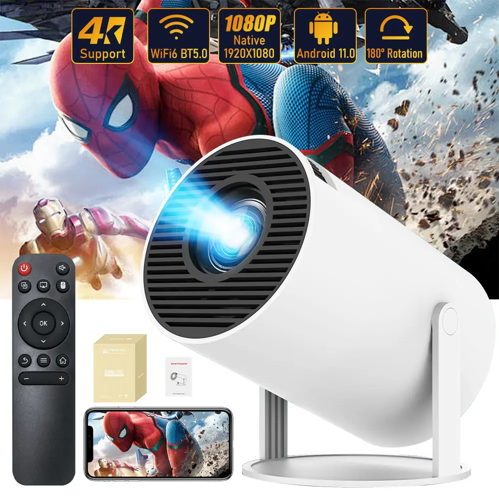 HY300PRO Mini Android Projector, 290 ANSI Portable Smart Projector with WiFi 6, Bluetooth Connection, 4K Decode, Native 720P, Automatic Keystone Correction, 180° Rotatable, Built-in Audio Speaker for Bedroom Game & Home Theater