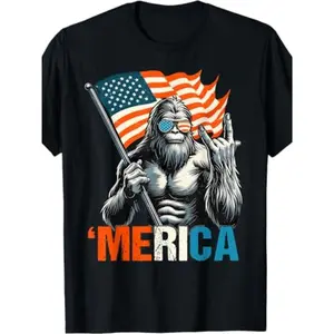 Patriotic Bigfoot Shirt – Bold 'Merica' Print and Hand Gesture for a Fun Vibe