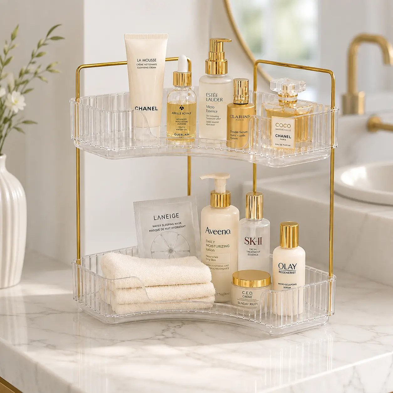 【DealsForYouDays】2-Tier Bathroom Caddy Organizer, Vanity Organization Shelf for Cosmetics, Skincare & Perfume, Small Space Corner Rack for Bathroom & Kitchen Countertops, Organizes Personal Items, Double-Tier Home Organizer, Home Organization Storage