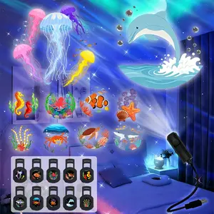 USB LED Colorful Ocean Projector Light, 10/6/3 Projection Images, 360-Degree Rotating Lamp with Colorful Fish & Coral Reef, for Ceiling, Gift, Room Decoration, Photo Background, Projection, Decorative Led Light, USB Powered Projector