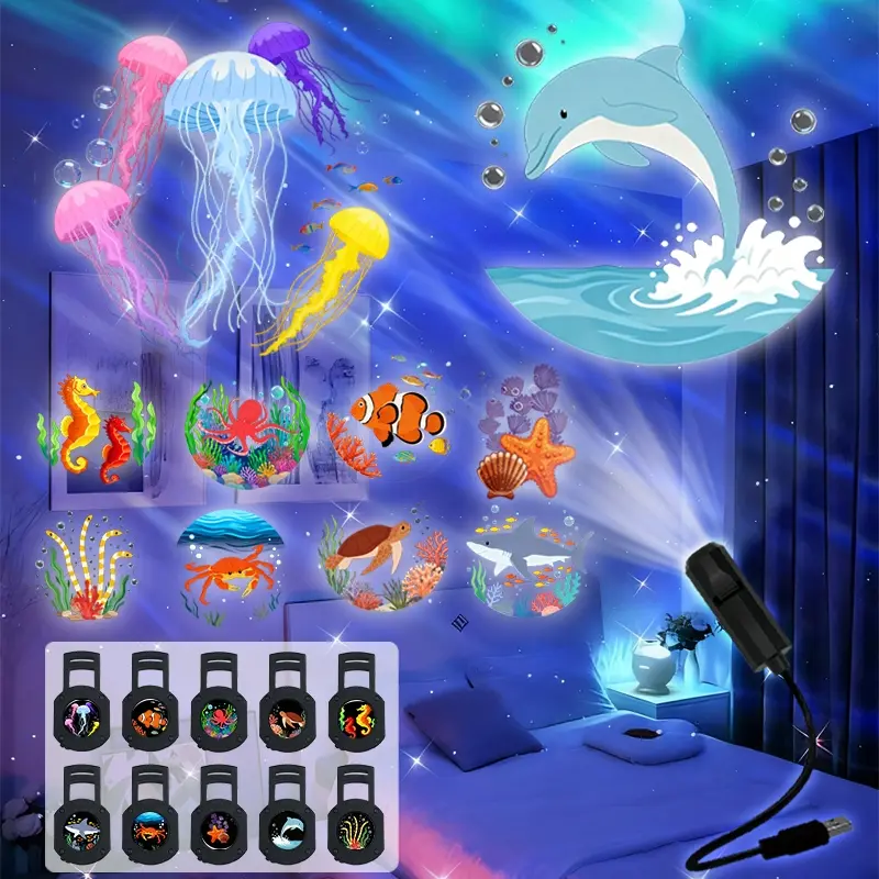 USB LED Colorful Ocean Wave Projector Light, Night Light Projector, 10/6/3 Projection Images, 360-Degree Rotating Lamp with Fish & Coral Reef, for Ceiling, Gift, Room Decoration, Photo Background, USB Powered Projector