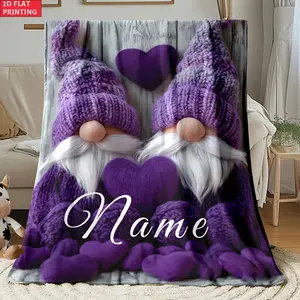 Personalized Purple Gnome & Hearts Print Throw Blanket, Custom Name Valentine Themed Cozy Blanket, Soft Fluffy Lightweight Blanket for All Seasons, Anti-Pilling Washable Decorative Blanket