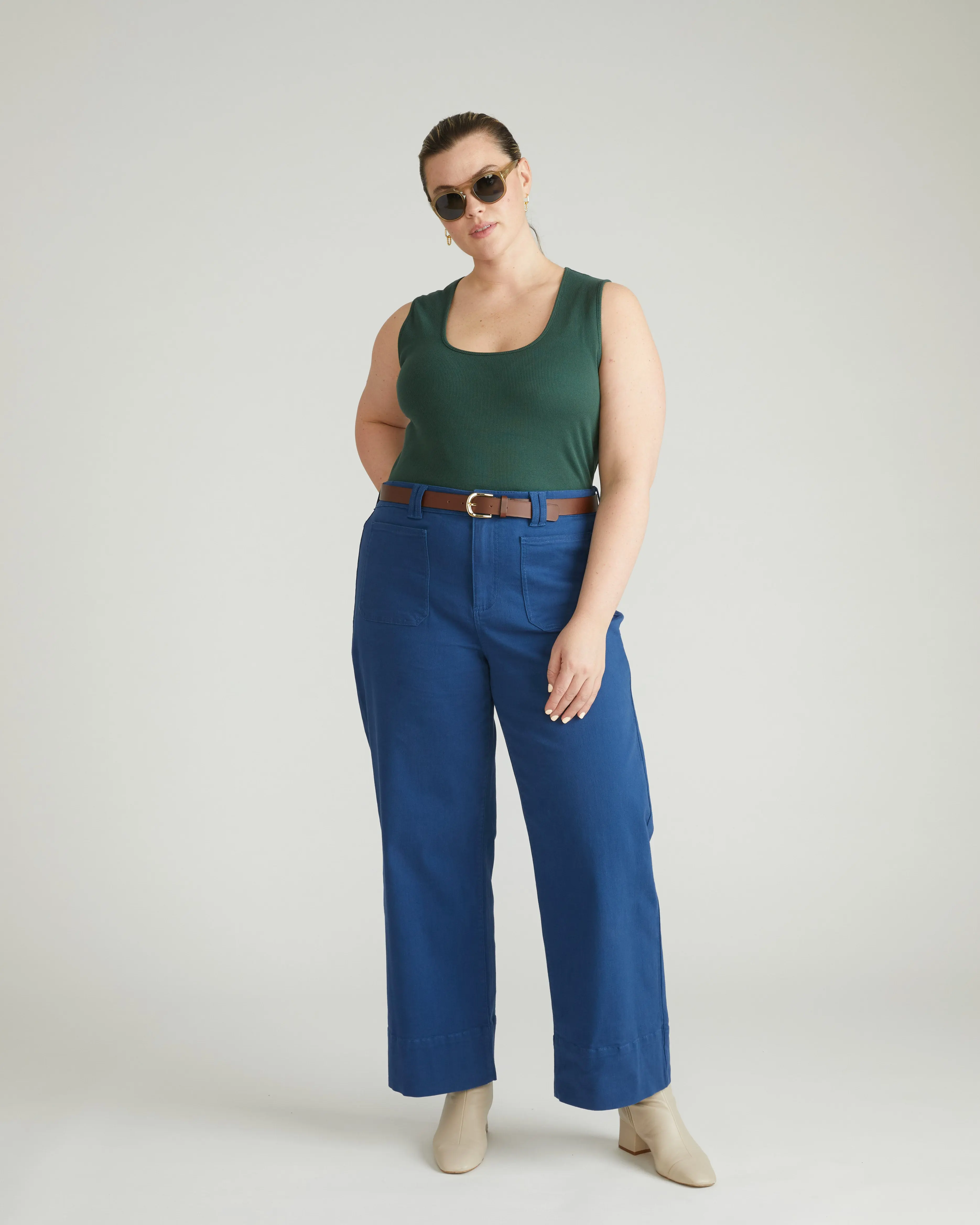 Women's High Waist Stretch Jeans - Sailor-Style Wide Leg, Comfortable No-Dig Waist, French Blue, Denim Fabric, Extra Stretch, Loose Legs, Bottoms, Casual