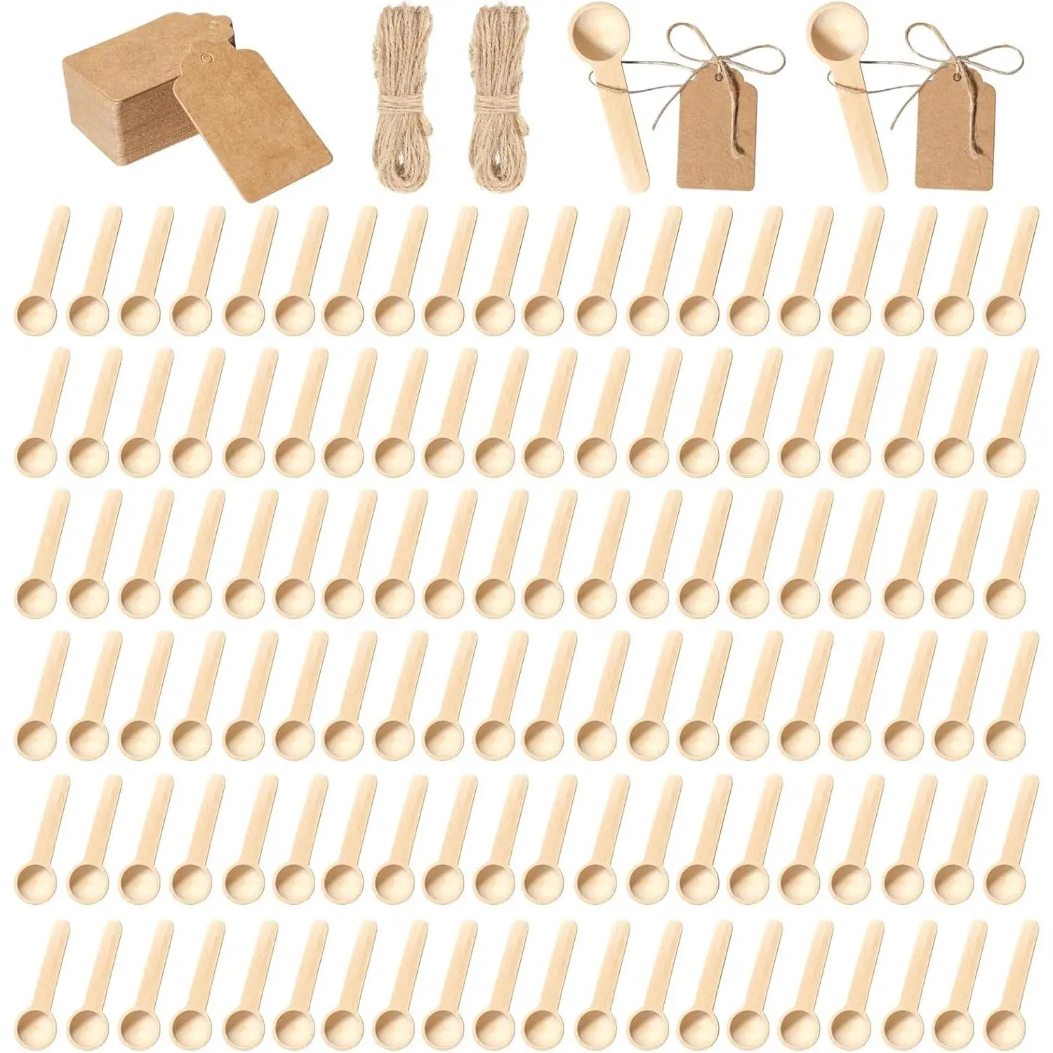 120 Sets 3 Inch Mini Wooden Spoons with 120 Pcs Tags and 2 roll of Twine Rope Spice Jars Wood Spoons Disposable Small Spoons Wooden Spoons Honey Sugar Cooking Oil Tea Coffee Kitchen