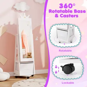 COSTWAY - Kids Jewelry Armoire Cabinet with Swivel Base and Lockable Universal Wheels-White