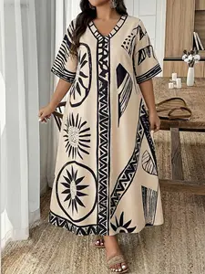 Elegant V-Neck Short Geometric Printed Bohemian Boho Summer Dress for Women, Emery Rose Fashionable Casual Daily Wear, Comfortable & Stylish Design Suitable for Various Occasions