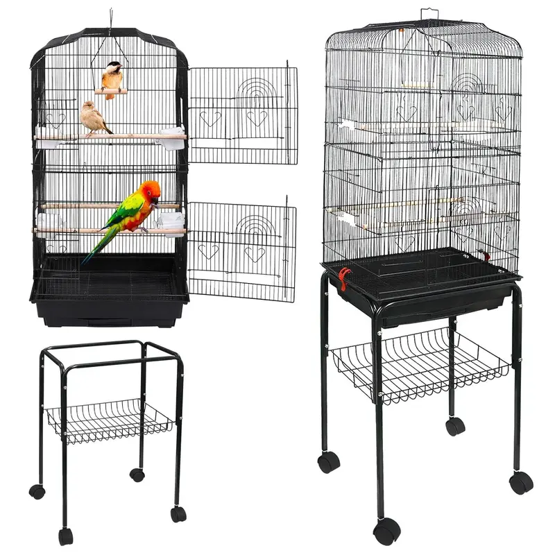 59-in H Wrought Iron Birdcage with Iron Frame, Stand, Top Handle & 4 Feeders, Durable Bird Supplies for Parrots, Convenient Home Setup (Perch Bird Cages & Houses, Black Metal Option)