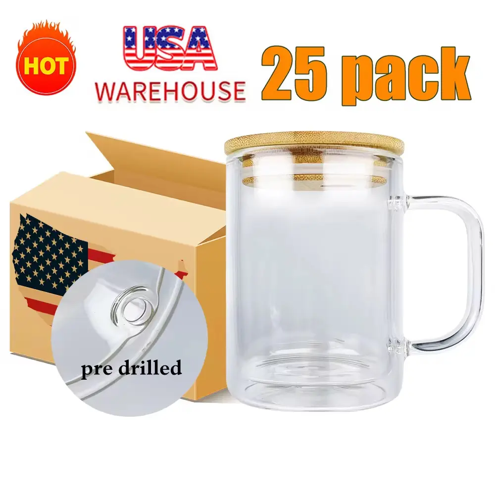 25-Pack of 15-Ounce Pre-Punched Double-Walled Snowflake Glass Balls with Bamboo Lids and Straws - 15-Ounce Pre-Punched Double-Walled Blank Heat-Transfer Snowflake Glass Balls, Snowflake Glass Cups with Handles and Stoppers, USA Warehouse Stock